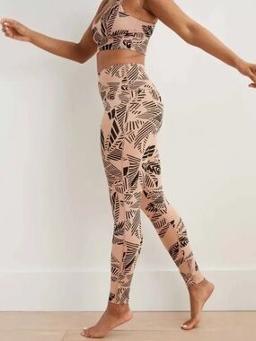 AERIE Palm Leaf Print Matching Leggings & Bra Set Black/Tan, Sz XL